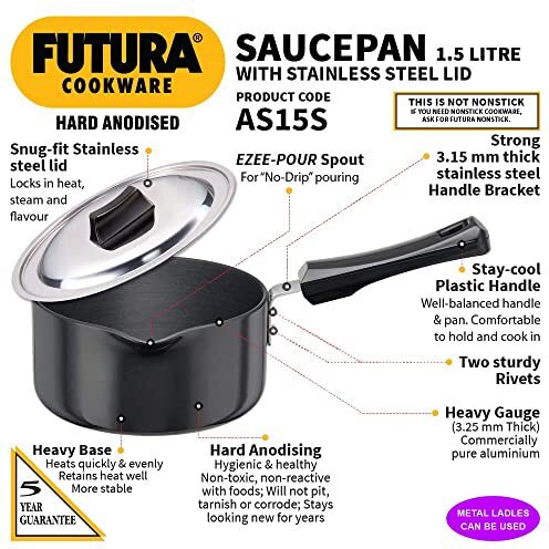 Futura Hard Anodised Saucepan 1.5L, 16 cm, 3.25 mm with SS Lid