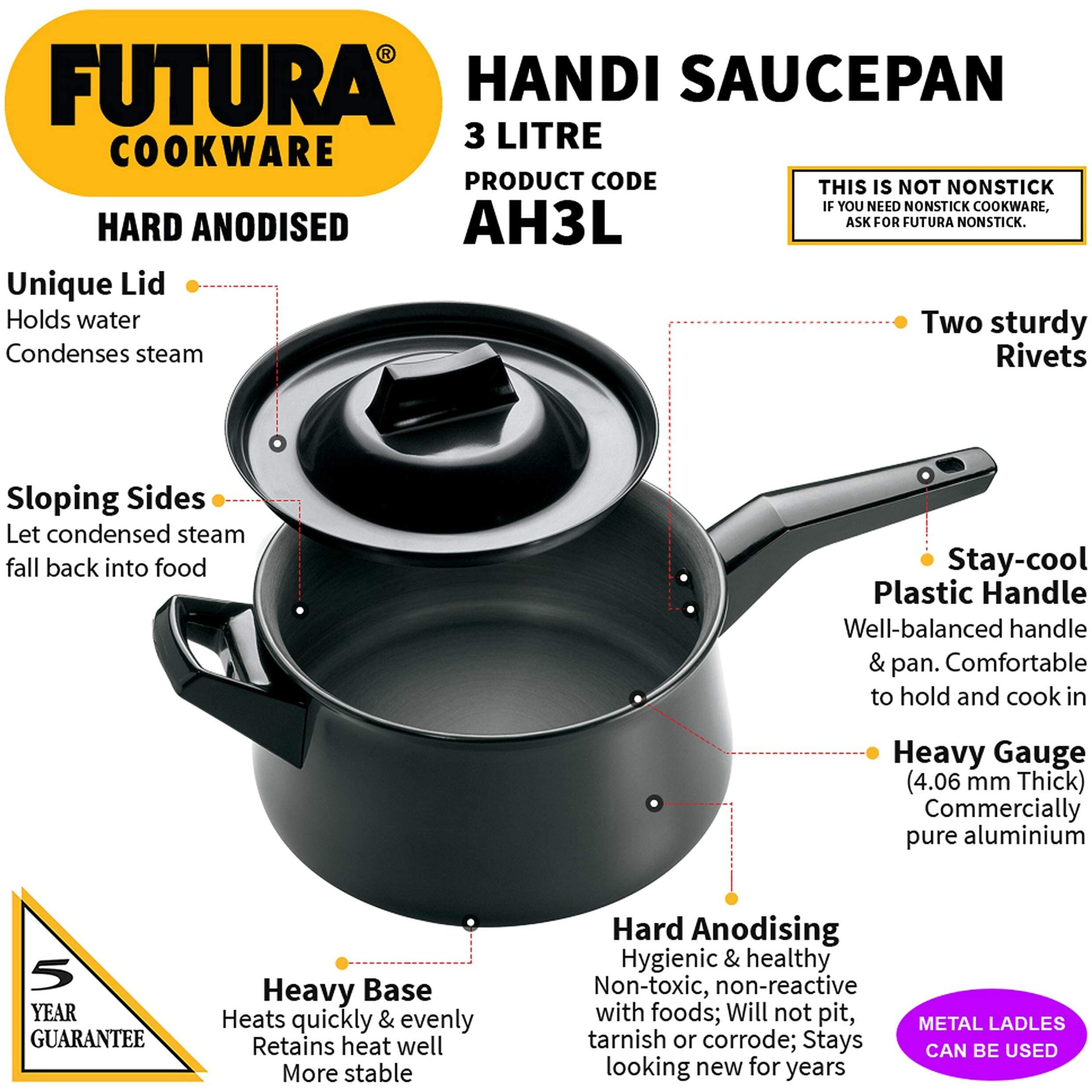 Hawkins Futura 3 Litre Handi, Hard Anodised Sauce Pan and Lid, Saucepan with a Short and a Long Handle, Biryani Handi, Black (AH3L)