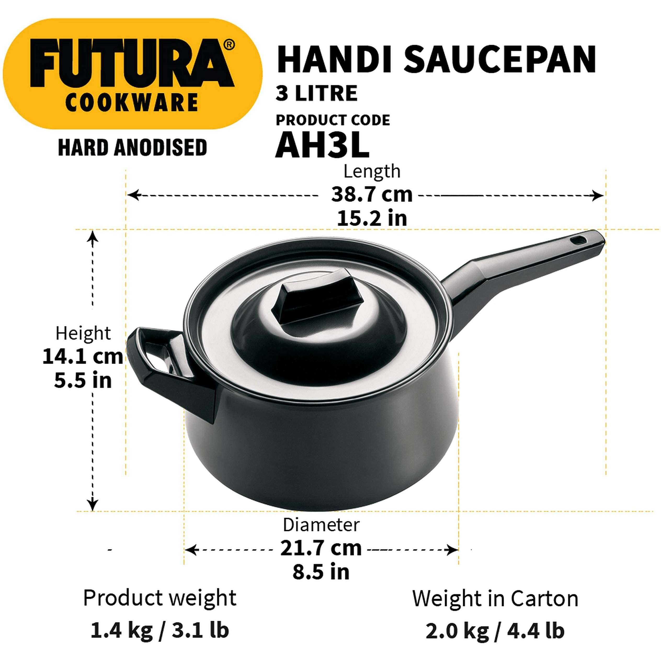 Hawkins Futura 3 Litre Handi, Hard Anodised Sauce Pan and Lid, Saucepan with a Short and a Long Handle, Biryani Handi, Black (AH3L)