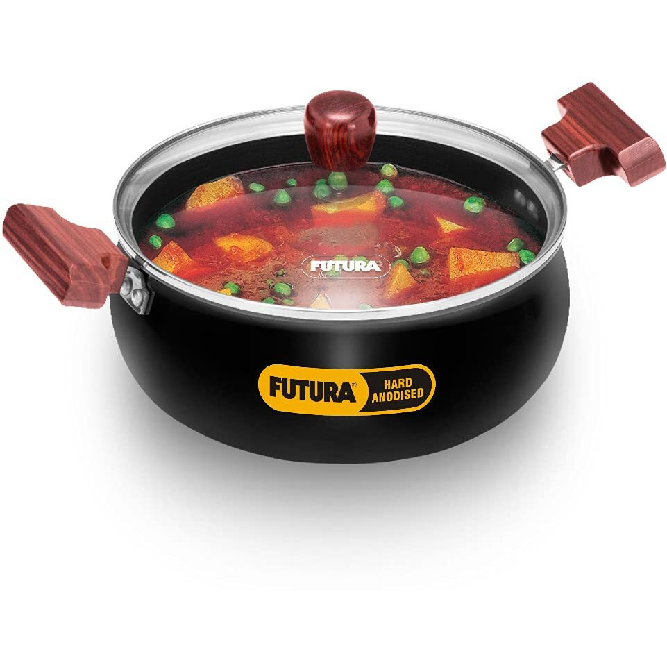 Hawkins Futura 3 Litre Cook n Serve Handi, Hard Anodised Biryani Handi with Glass Lid, Saucepan, Sauce Pan, Black (ACH30G)