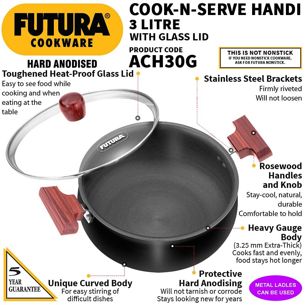 Hawkins Futura 3 Litre Cook n Serve Handi, Hard Anodised Biryani Handi with Glass Lid, Saucepan, Sauce Pan, Black (ACH30G)