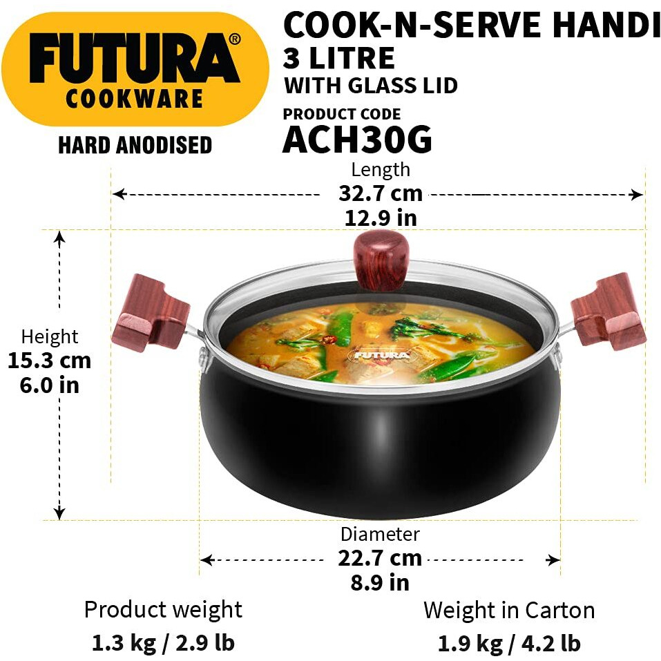 Hawkins Futura 3 Litre Cook n Serve Handi, Hard Anodised Biryani Handi with Glass Lid, Saucepan, Sauce Pan, Black (ACH30G)