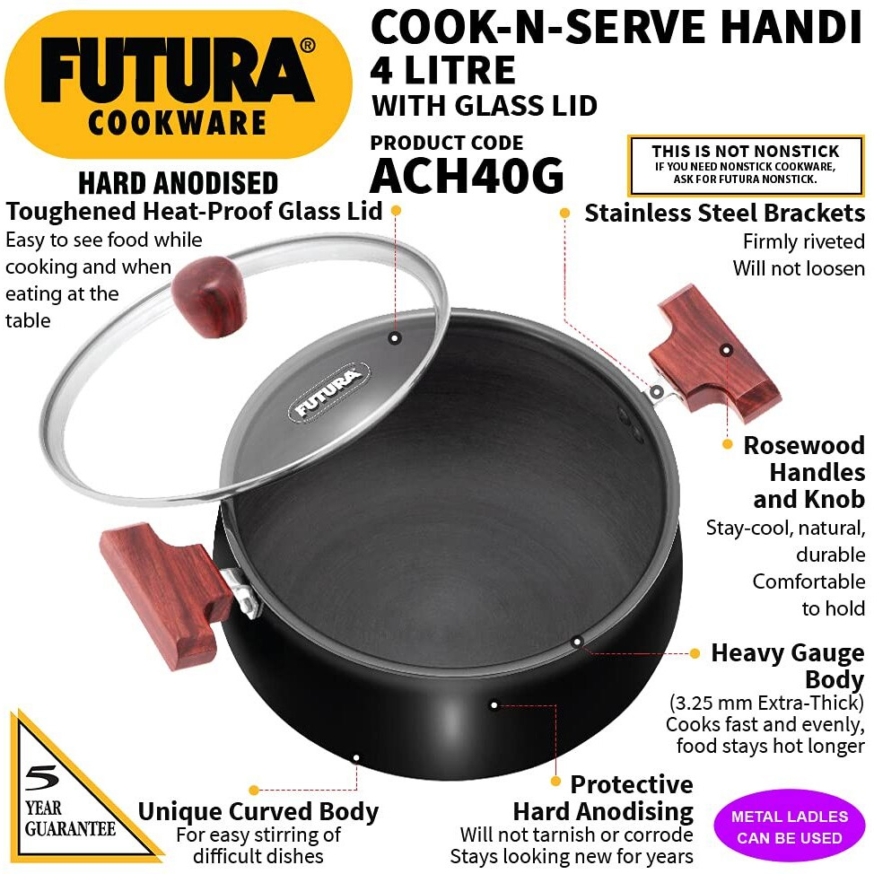 Hawkins Futura 4 Litre Cook n Serve Handi, Hard Anodised Biryani Handi with Glass Lid, Saucepan, Sauce Pan, Black (ACH40G)