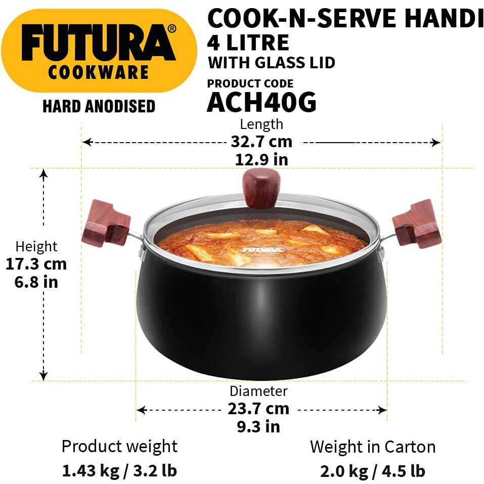 Hawkins Futura 4 Litre Cook n Serve Handi, Hard Anodised Biryani Handi with Glass Lid, Saucepan, Sauce Pan, Black (ACH40G)