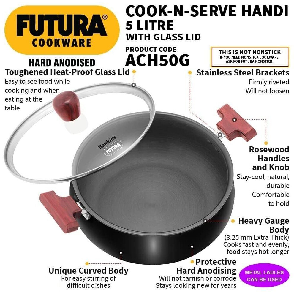 Hawkins Futura 5 Litre Cook n Serve Handi, Hard Anodised Biryani Handi with Glass Lid, Saucepan, Sauce Pan, Black (ACH50G) Polished