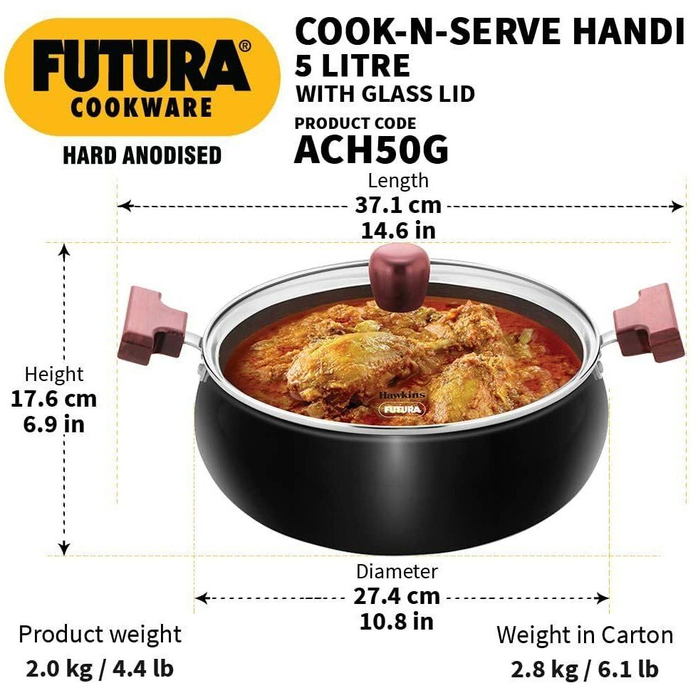 Hawkins Futura 5 Litre Cook n Serve Handi, Hard Anodised Biryani Handi with Glass Lid, Saucepan, Sauce Pan, Black (ACH50G) Polished