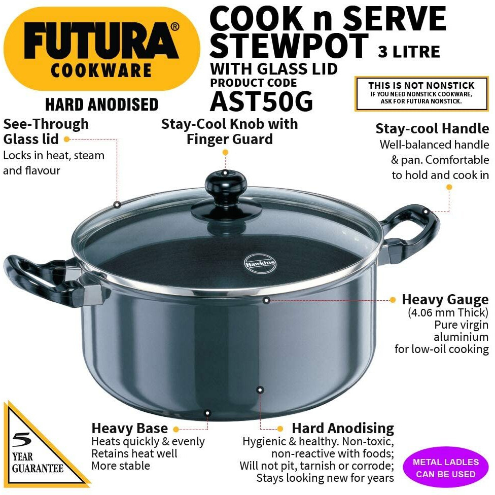 Hawkins Futura Hard Anodised Cook-n-Serve Stewpot with Glass Lid, Capacity 5 Litre, Diameter 24 cm, Thickness 4.06 mm, Black (AST50G)