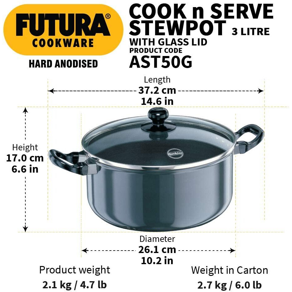 Hawkins Futura Hard Anodised Cook-n-Serve Stewpot with Glass Lid, Capacity 5 Litre, Diameter 24 cm, Thickness 4.06 mm, Black (AST50G)