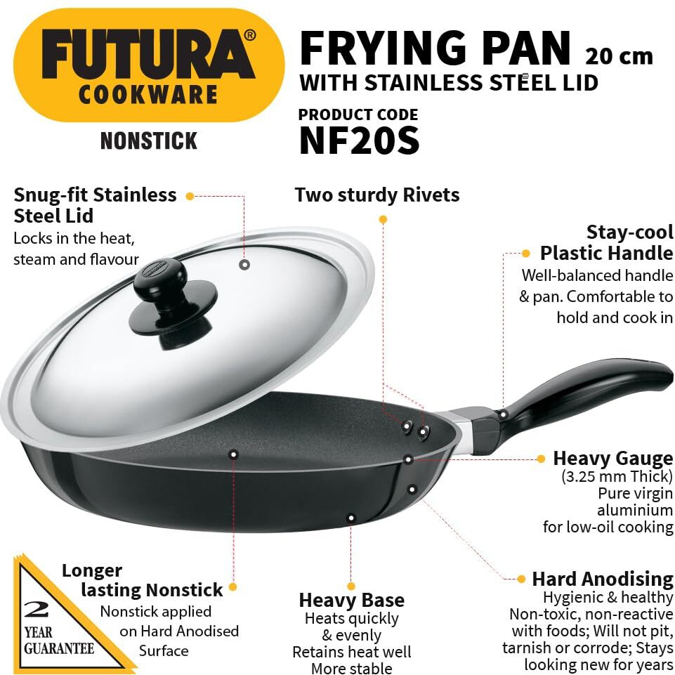 Hawkins Futura 20 cm Frying Pan, Non Stick Fry Pan with Stainless Steel Lid, Small Frying Pan, Black (NF20S)