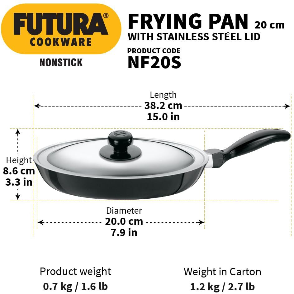 Hawkins Futura 20 cm Frying Pan, Non Stick Fry Pan with Stainless Steel Lid, Small Frying Pan, Black (NF20S)