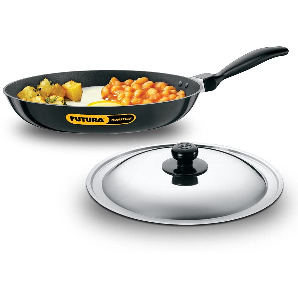 Hawkins Futura 28 cm Frying Pan, Non Stick Fry Pan with Stainless Steel Lid, Big Frying Pan, Black (NF28S)