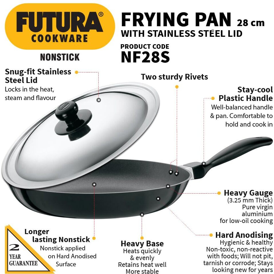 Hawkins Futura 28 cm Frying Pan, Non Stick Fry Pan with Stainless Steel Lid, Big Frying Pan, Black (NF28S)