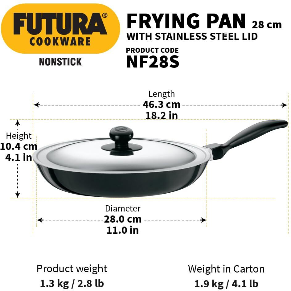 Hawkins Futura 28 cm Frying Pan, Non Stick Fry Pan with Stainless Steel Lid, Big Frying Pan, Black (NF28S)