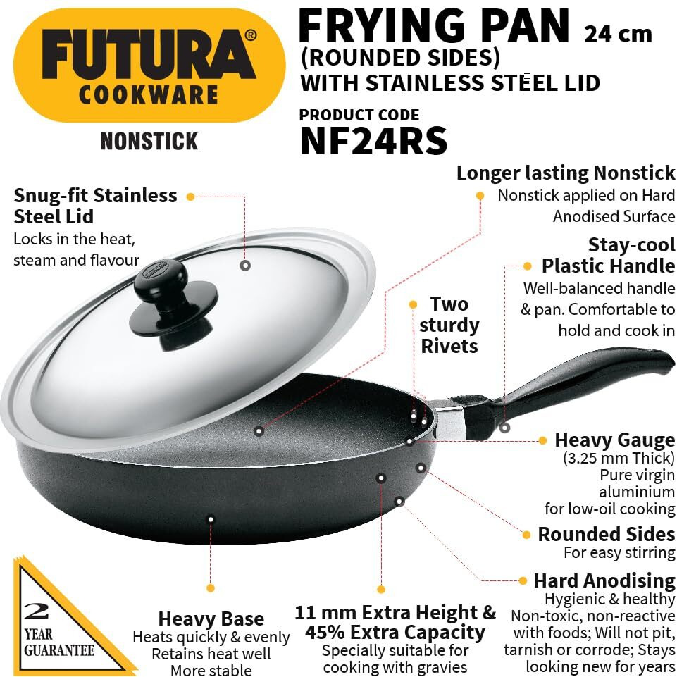 Hawkins Futura 24 cm Frying Pan, Non Stick Fry Pan with Stainless Steel, Rounded Side Frypan for Easy Stirring, Black (NF24RS)