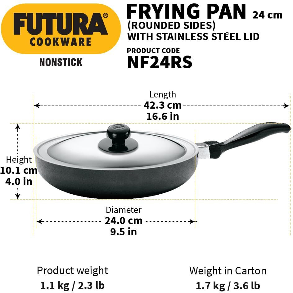 Hawkins Futura 24 cm Frying Pan, Non Stick Fry Pan with Stainless Steel, Rounded Side Frypan for Easy Stirring, Black (NF24RS)