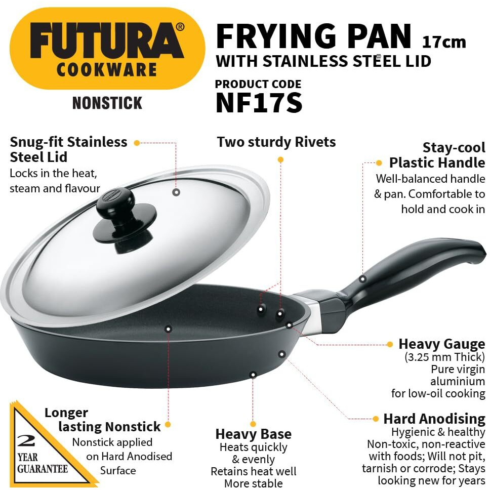 Hawkins Futura 17 cm Frying Pan, Non Stick Fry Pan with Stainless Steel Lid, Small Frying Pan, Black (NF17S)