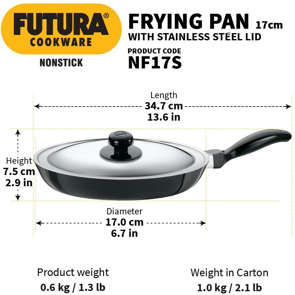 Hawkins Futura 17 cm Frying Pan, Non Stick Fry Pan with Stainless Steel Lid, Small Frying Pan, Black (NF17S)