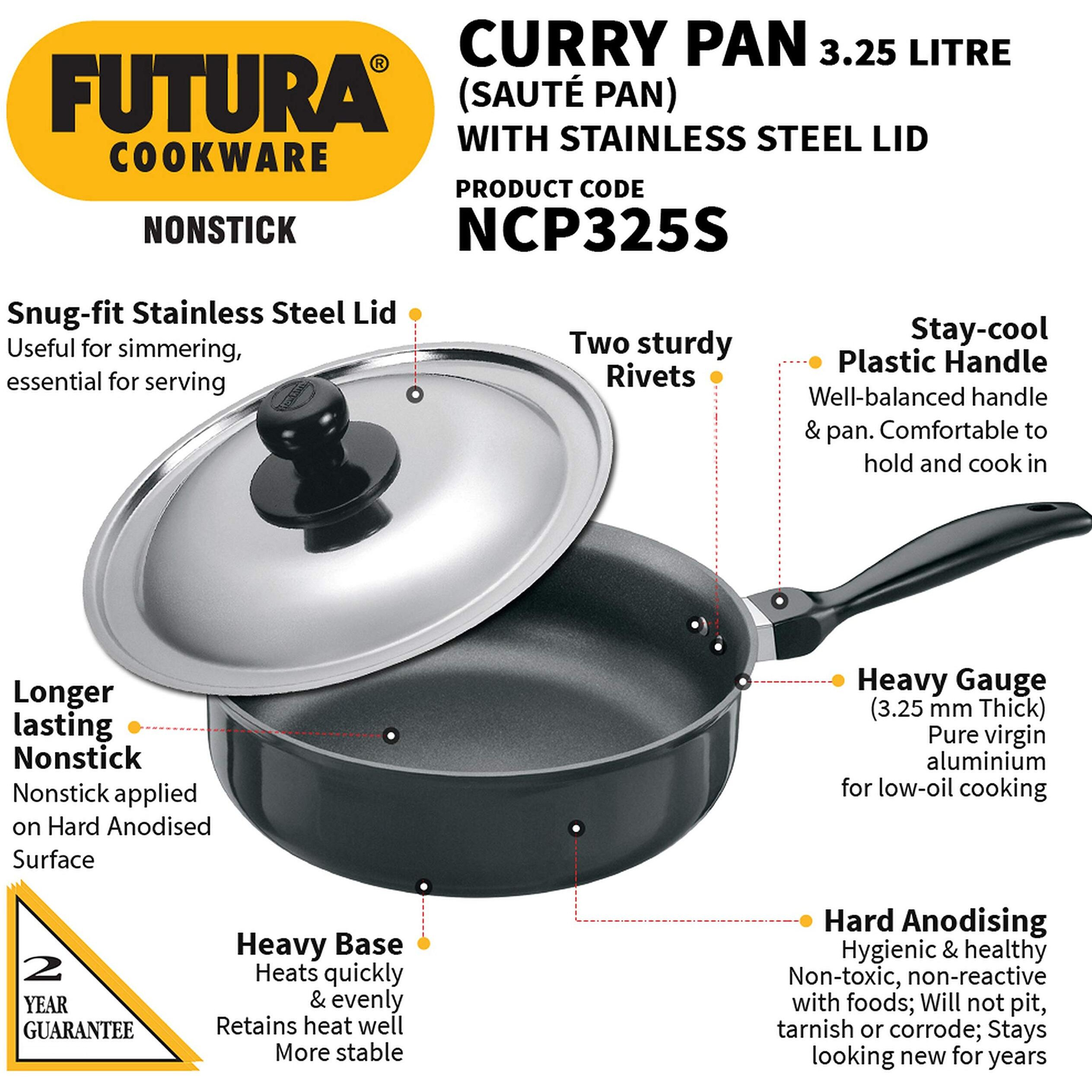 Hawkins Futura Nonstick Curry Pan (Saute Pan) 3.25 L, 24 cm, 3.25 mm with SS Lid (Black)