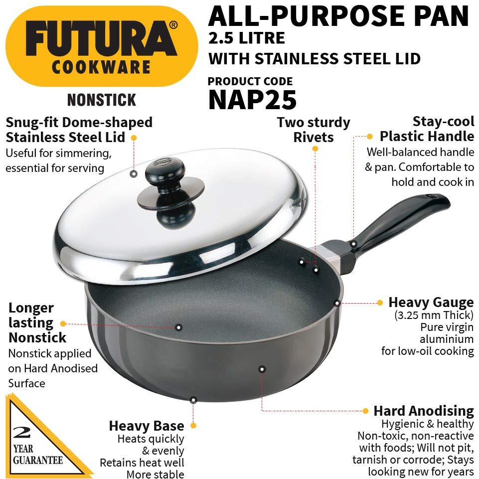 Hawkins Futura Nonstick All-Purpose Pan 2.5L, 22 cm, 3.25 mm with SS lid (Black)