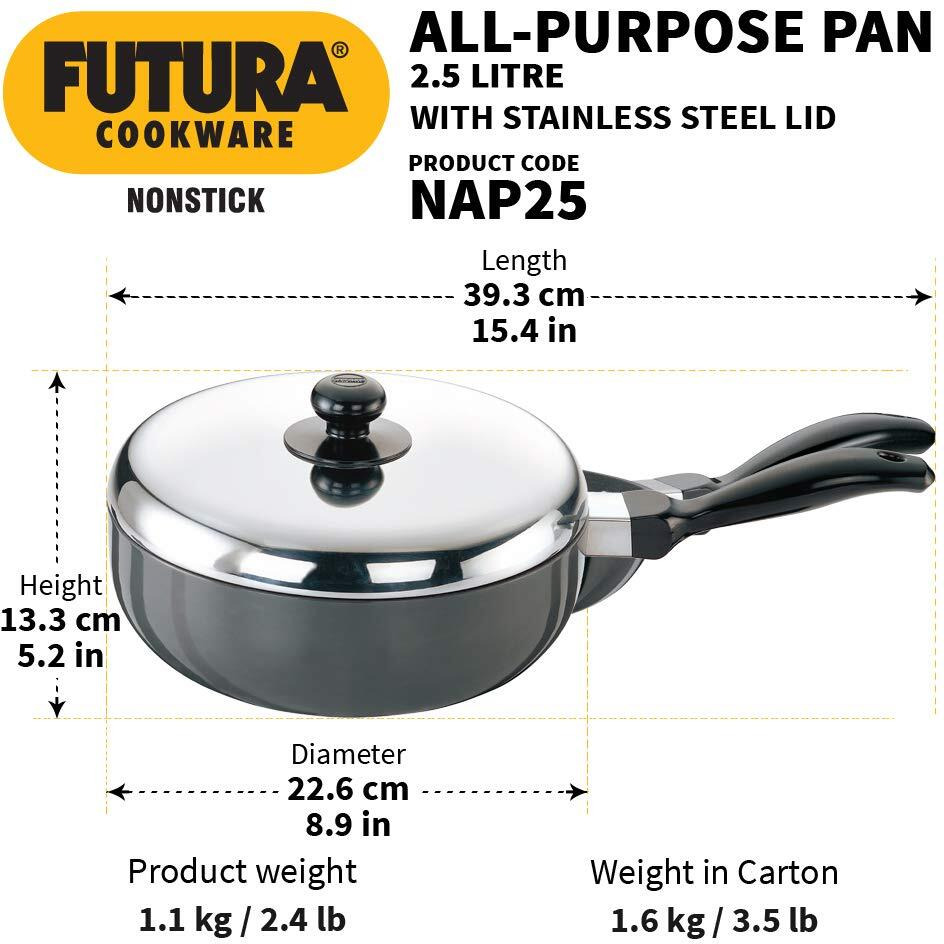 Hawkins Futura Nonstick All-Purpose Pan 2.5L, 22 cm, 3.25 mm with SS lid (Black)