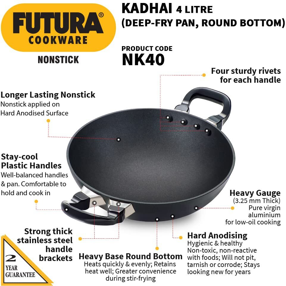 Hawkins Futura 4 Litre Deep Fry Pan, Non Stick Kadai, Round Bottom Kadhai, Big Non Stick Kadai, Black (NK40)