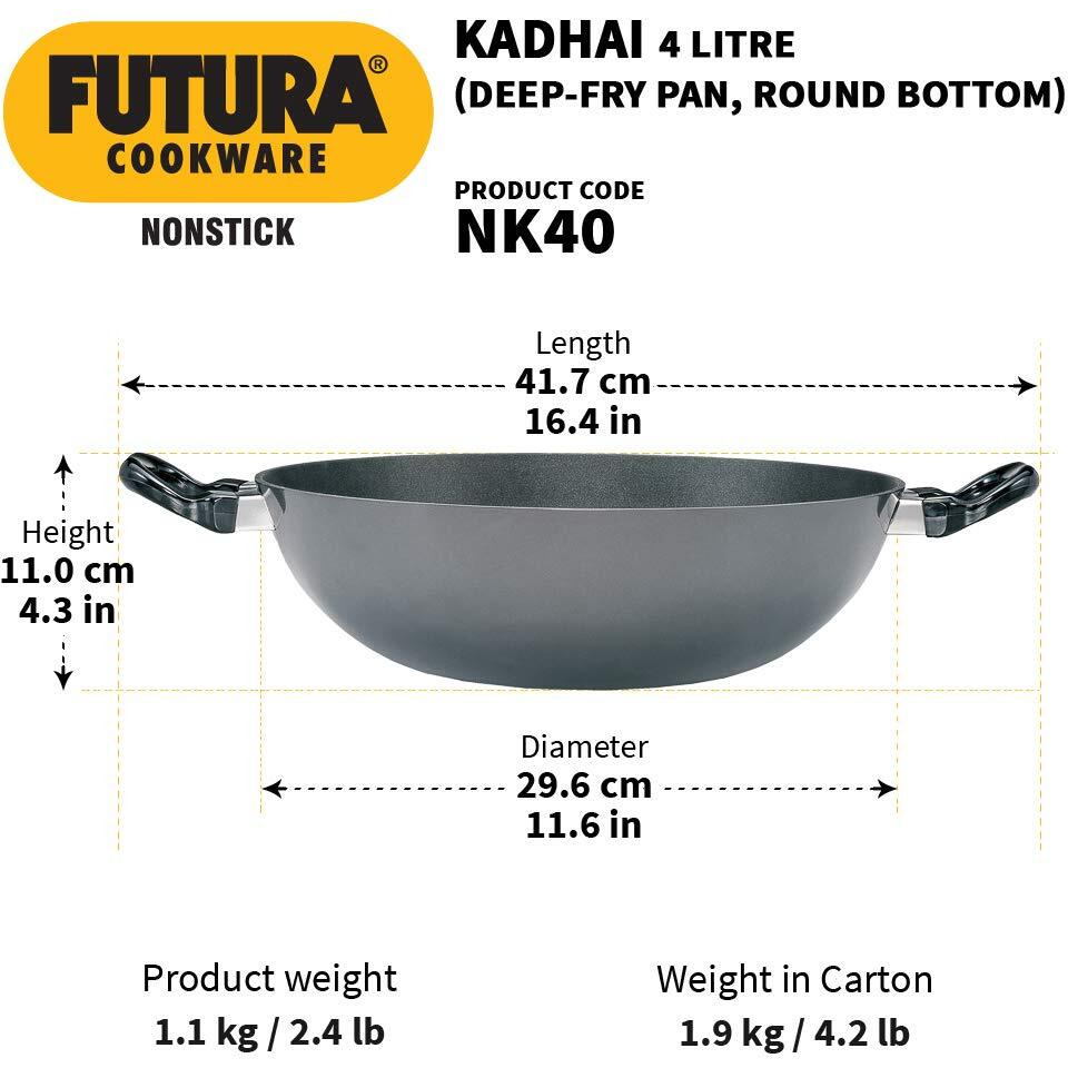 Hawkins Futura 4 Litre Deep Fry Pan, Non Stick Kadai, Round Bottom Kadhai, Big Non Stick Kadai, Black (NK40)