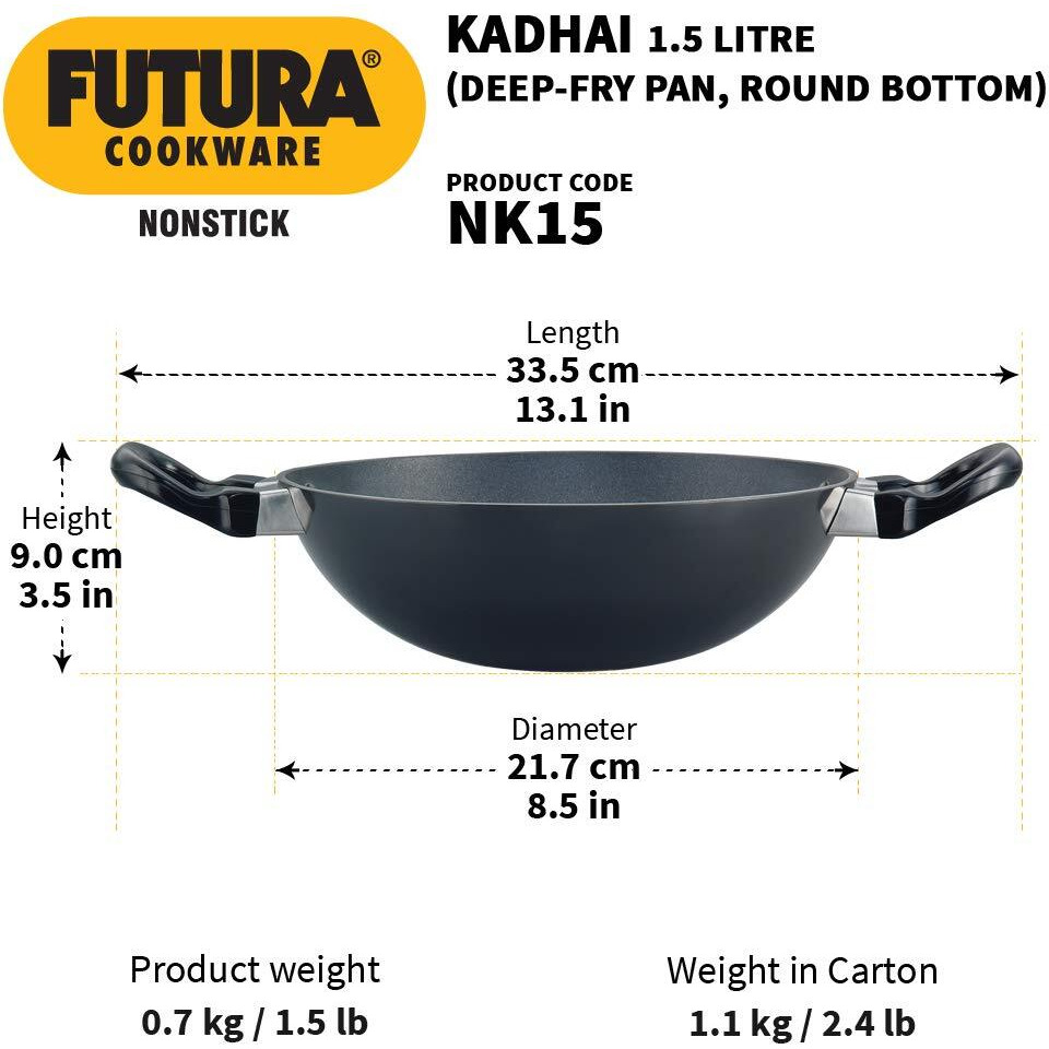 Hawkins Futura 1.5 Litre Deep Fry Pan, Non Stick Kadai, Round Bottom Kadhai, Small Non Stick Kadai, Black (NK15)