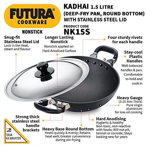 Hawkins Futura 1.5 Litre Deep Fry Pan, Non Stick Kadai with Stainless Steel Lid, Round Bottom Kadhai, Small Non Stick Kadai, Black (NK15S)