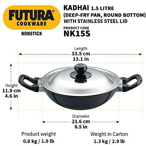 Hawkins Futura 1.5 Litre Deep Fry Pan, Non Stick Kadai with Stainless Steel Lid, Round Bottom Kadhai, Small Non Stick Kadai, Black (NK15S)