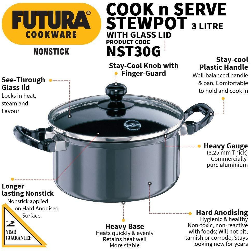 Hawkins Futura 3 Litre Cook n Serve Stewpot, Non Stick Pot with Glass Lid, Cooking Pot with Lid, Black (NST30G)