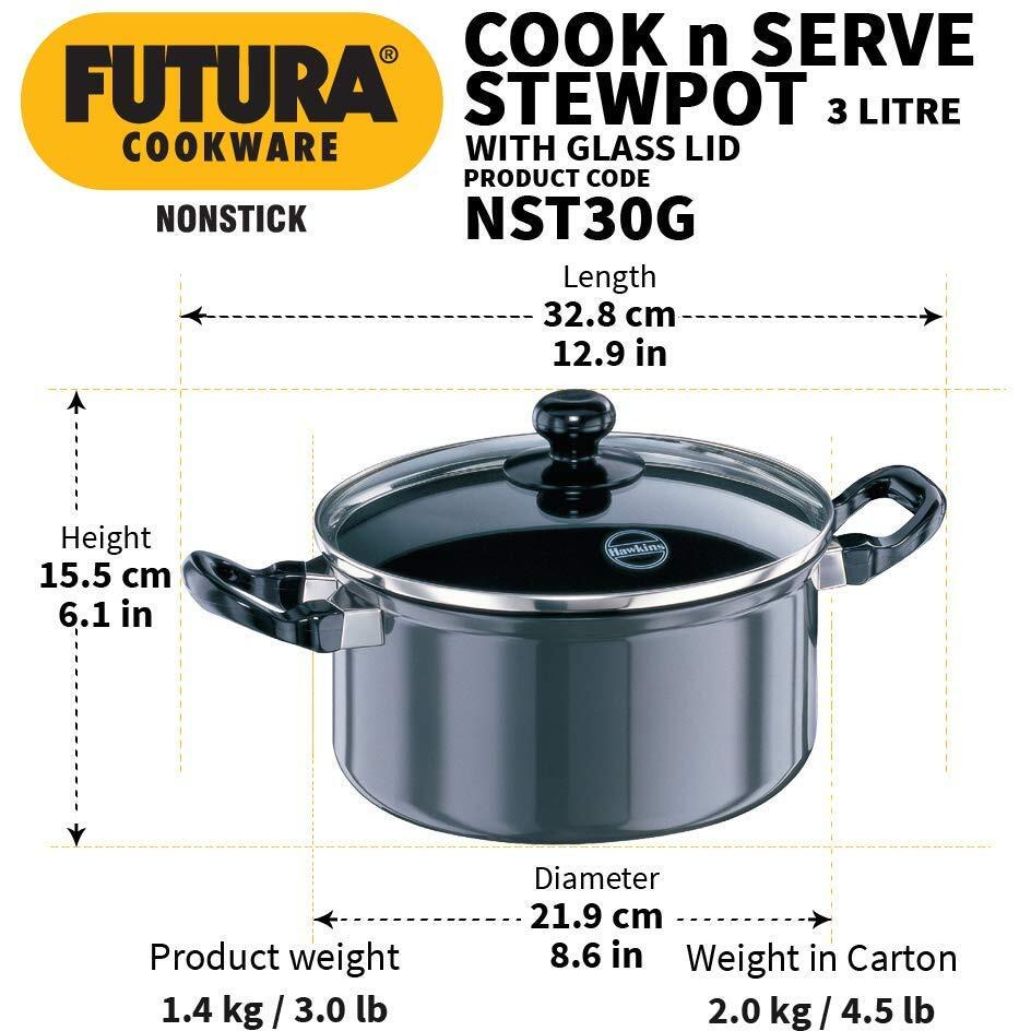 Hawkins Futura 3 Litre Cook n Serve Stewpot, Non Stick Pot with Glass Lid, Cooking Pot with Lid, Black (NST30G)