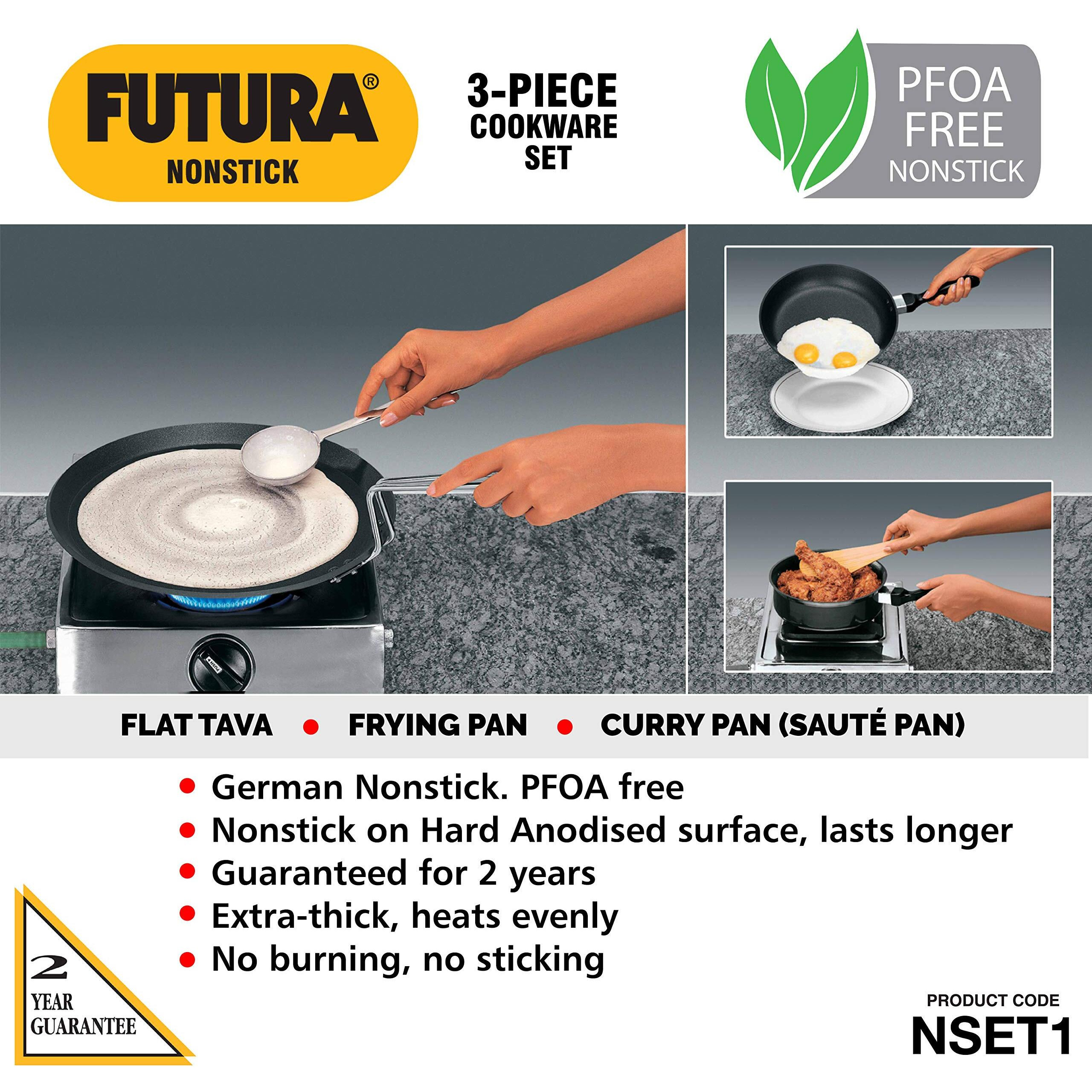 Futura Nonstick Cookware Set 1  FLAT TAVA  30cm DIA 4.88 mm Thick  FRYING PAN 22 cm DIA 3.25 mm Thick  CURRY PAN (SAUTE PAN) with Stainless Steel Lid 2 litre, 3.25 mm Thick