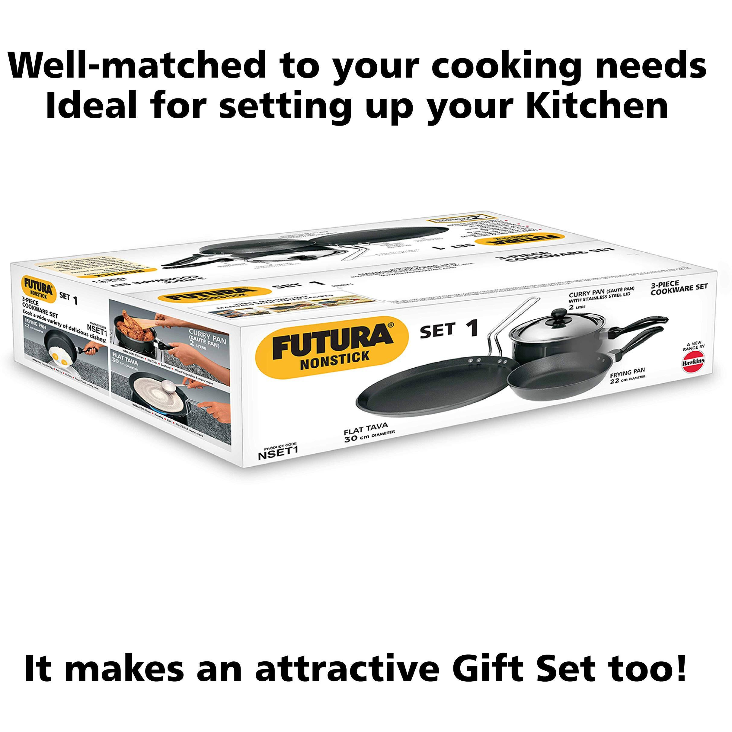 Futura Nonstick Cookware Set 1  FLAT TAVA  30cm DIA 4.88 mm Thick  FRYING PAN 22 cm DIA 3.25 mm Thick  CURRY PAN (SAUTE PAN) with Stainless Steel Lid 2 litre, 3.25 mm Thick