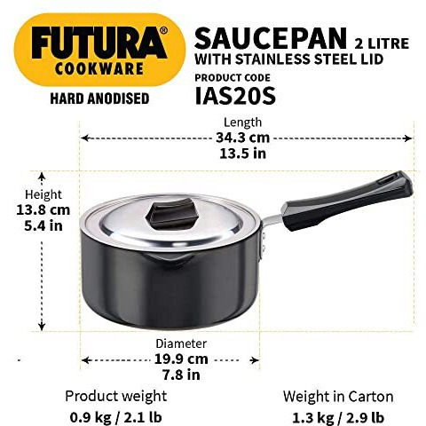 Futura Hard Anodised Ezee Pour Saucepan 2L, 18 cm, 3.25 mm with SS Lid and Induction Compatible Base