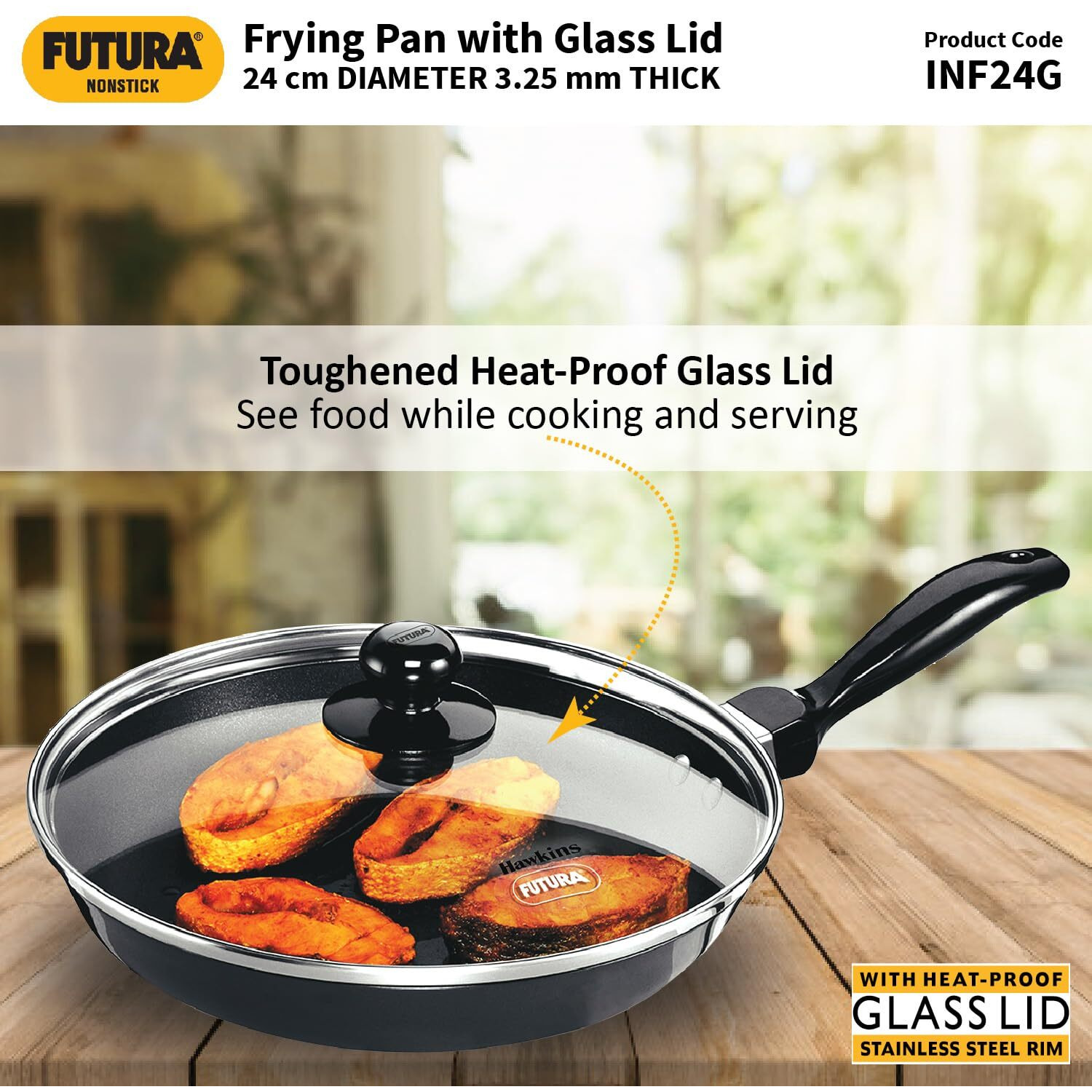 Hawkins Futura 26 cm Frying Pan, Nonstick Fry Pan with Glass Lid, Induction Non Stick Pan, Black (INF26G)