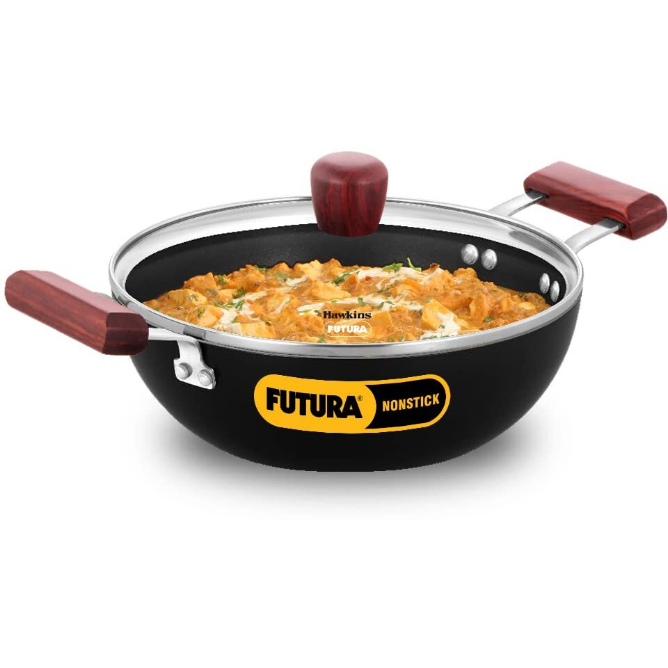 Hawkins Futura 2.5 Litre Deep Kadhai, Nonstick Kadai with Glass Lid, Flat Bottom Induction Kadhai, Deep Fry Pan, Black (INDK25G)