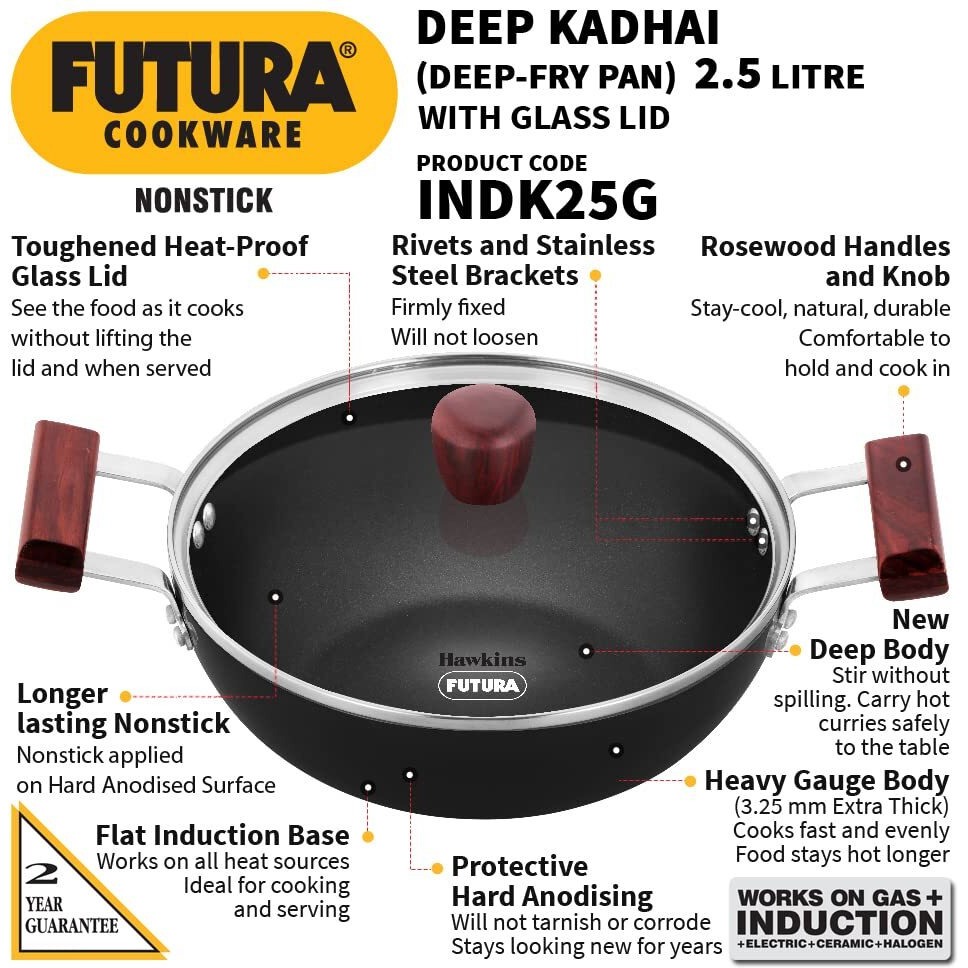 Hawkins Futura 2.5 Litre Deep Kadhai, Nonstick Kadai with Glass Lid, Flat Bottom Induction Kadhai, Deep Fry Pan, Black (INDK25G)