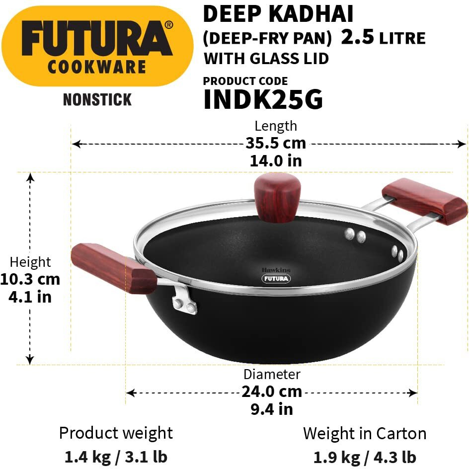 Hawkins Futura 2.5 Litre Deep Kadhai, Nonstick Kadai with Glass Lid, Flat Bottom Induction Kadhai, Deep Fry Pan, Black (INDK25G)