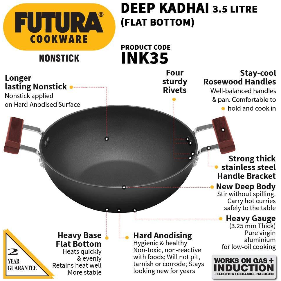 Hawkins Futura 3.5 Litre Deep Kadhai, Non Stick Kadai, Flat Bottom Induction Kadhai, Black (INK35)