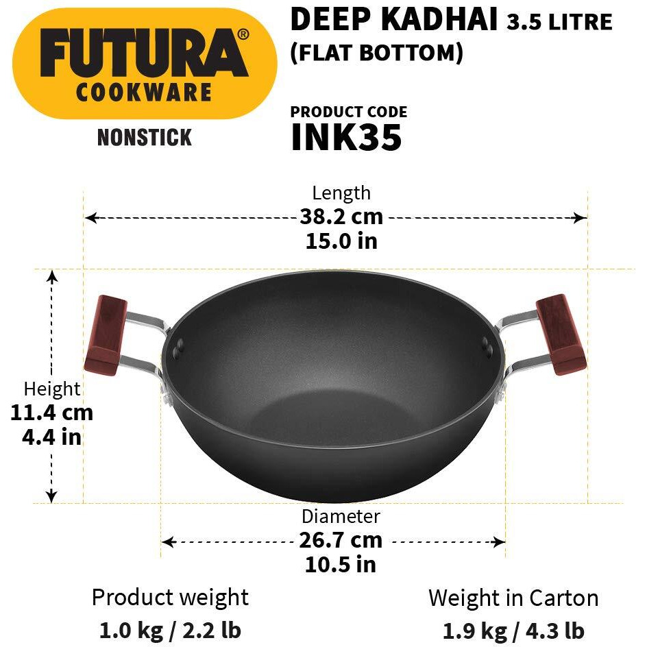 Hawkins Futura 3.5 Litre Deep Kadhai, Non Stick Kadai, Flat Bottom Induction Kadhai, Black (INK35)