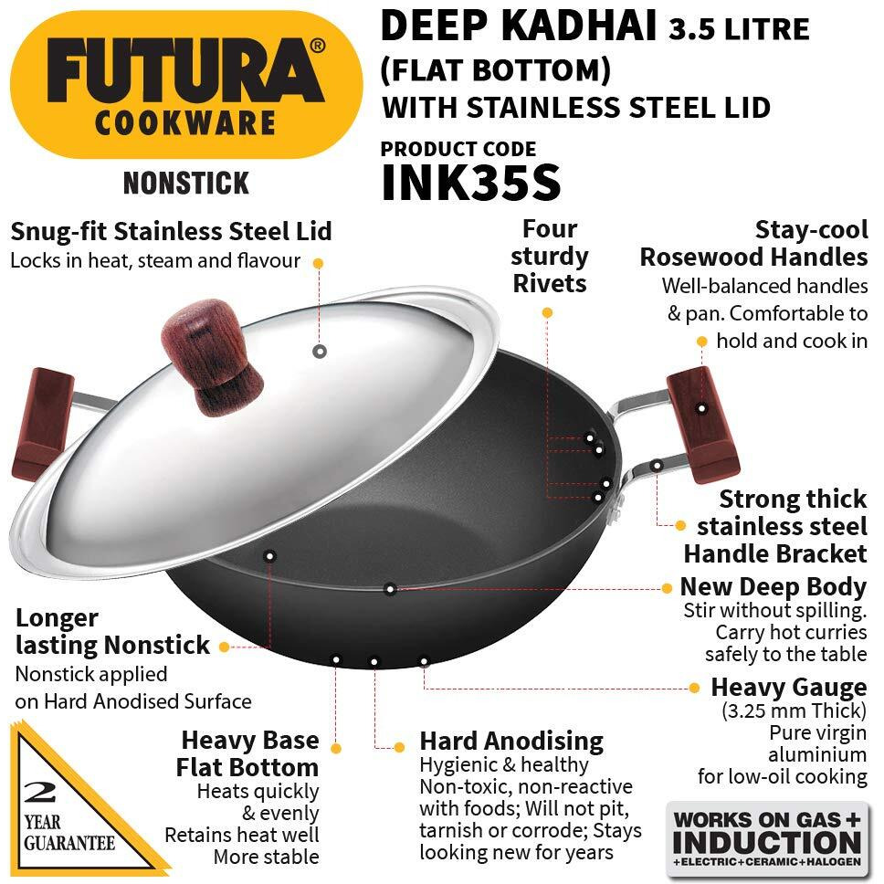 Hawkins Futura 3.5 Litre Deep Kadhai, Non Stick Kadai with Stainless Steel Lid, Flat Bottom Induction Kadhai, Black (INK35S)