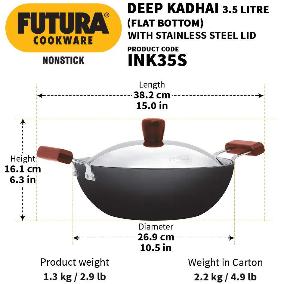 Hawkins Futura 3.5 Litre Deep Kadhai, Non Stick Kadai with Stainless Steel Lid, Flat Bottom Induction Kadhai, Black (INK35S)