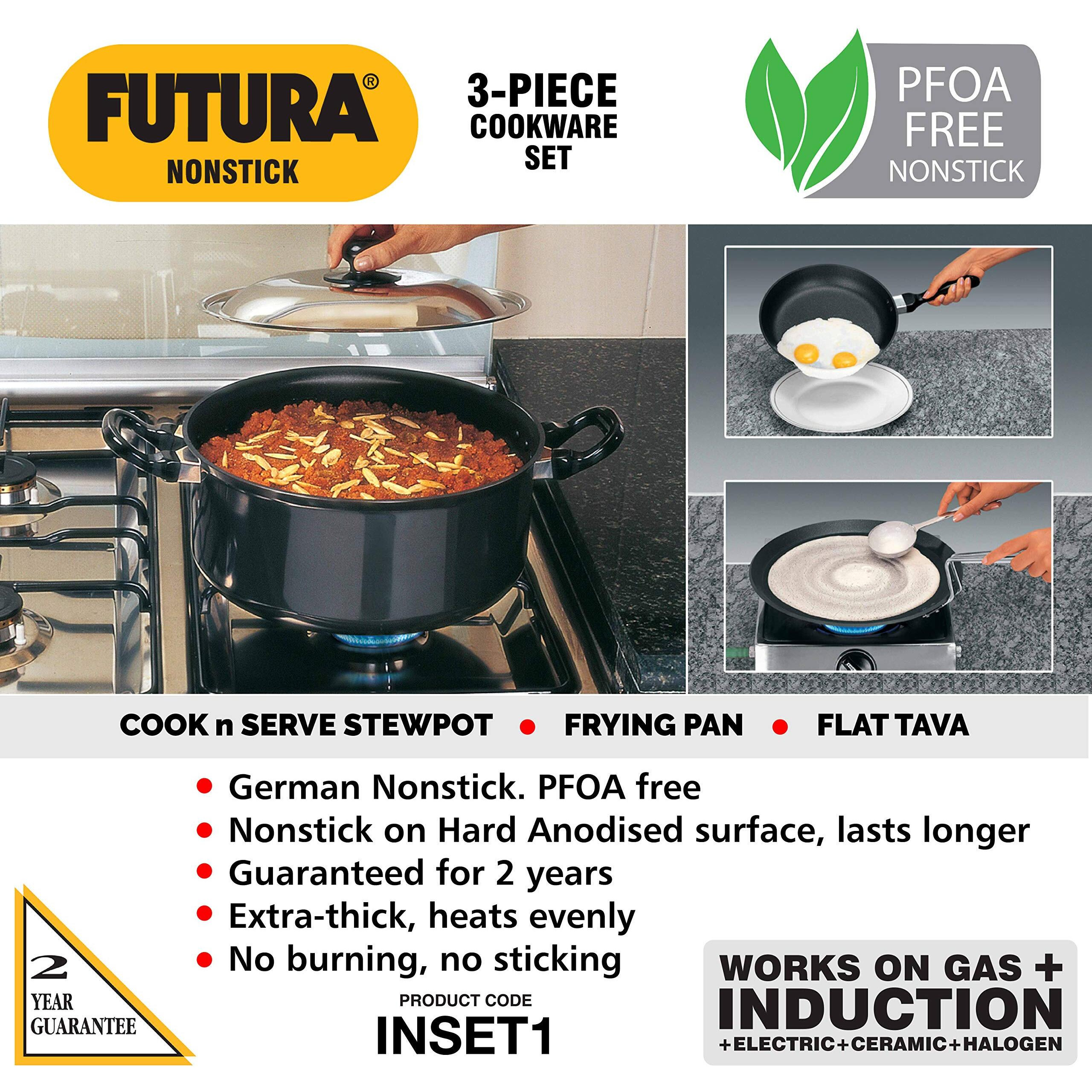 Hawkins Futura 3 Pieces Cookware Set 1, Induction Cookware Set - Non Stick Frying Pan, Flat Tava and Cook-n-Serve Stewpot with One Stainless Steel Lid, Black (INSET1)