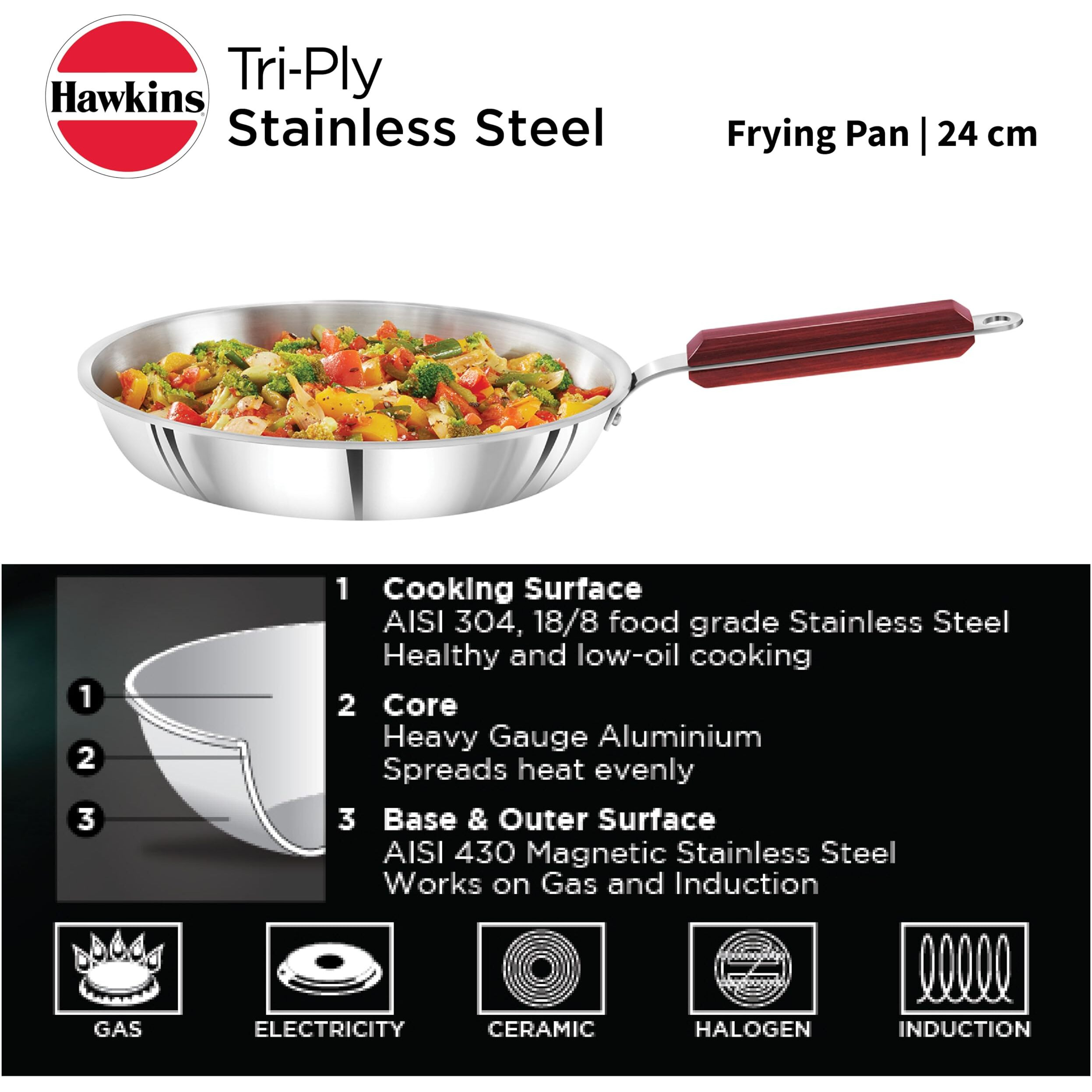 Hawkins 24 cm Frying Pan, Triply Stainless Steel Fry Pan, Induction Frying Pan, Frypan, Silver (SSF24)