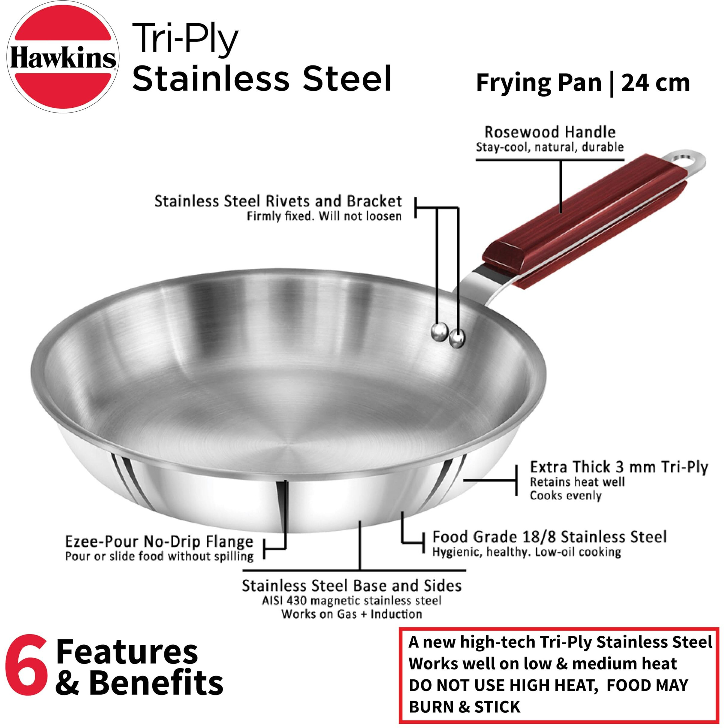 Hawkins 24 cm Frying Pan, Triply Stainless Steel Fry Pan, Induction Frying Pan, Frypan, Silver (SSF24)