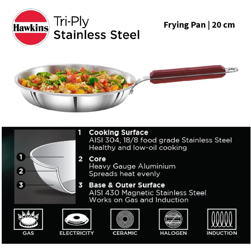 Hawkins 20 cm Frying Pan, Triply Stainless Steel Fry Pan, Induction Frying Pan, Small Frying Pan, Silver (SSF20)