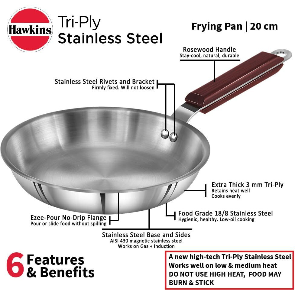 Hawkins 20 cm Frying Pan, Triply Stainless Steel Fry Pan, Induction Frying Pan, Small Frying Pan, Silver (SSF20)