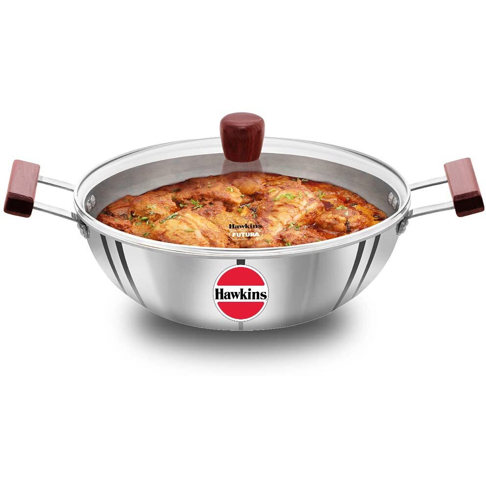 Hawkins 5 litre Deep Kadhai, Triply Stainless Steel Kadai with Glass Lid, Flat Bottom Induction Deep Kadhai, Big Kadai, Silver (SSK50G)