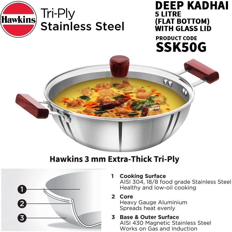 Hawkins 5 litre Deep Kadhai, Triply Stainless Steel Kadai with Glass Lid, Flat Bottom Induction Deep Kadhai, Big Kadai, Silver (SSK50G)