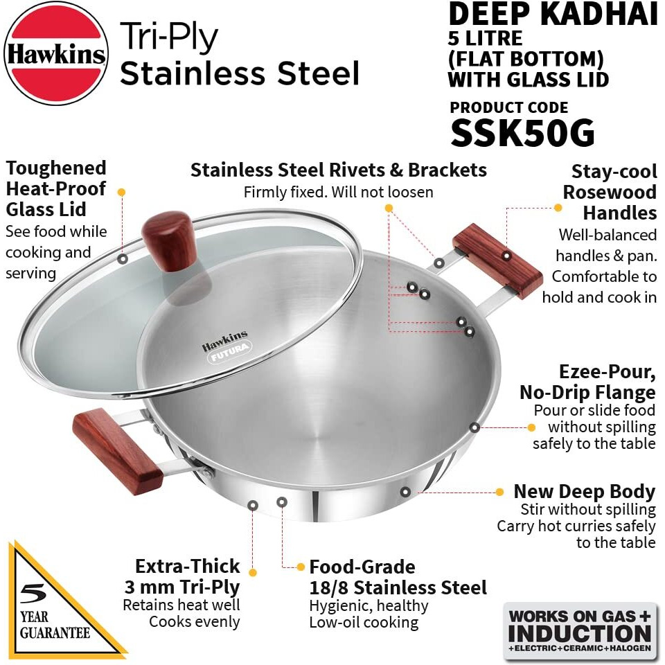 Hawkins 5 litre Deep Kadhai, Triply Stainless Steel Kadai with Glass Lid, Flat Bottom Induction Deep Kadhai, Big Kadai, Silver (SSK50G)